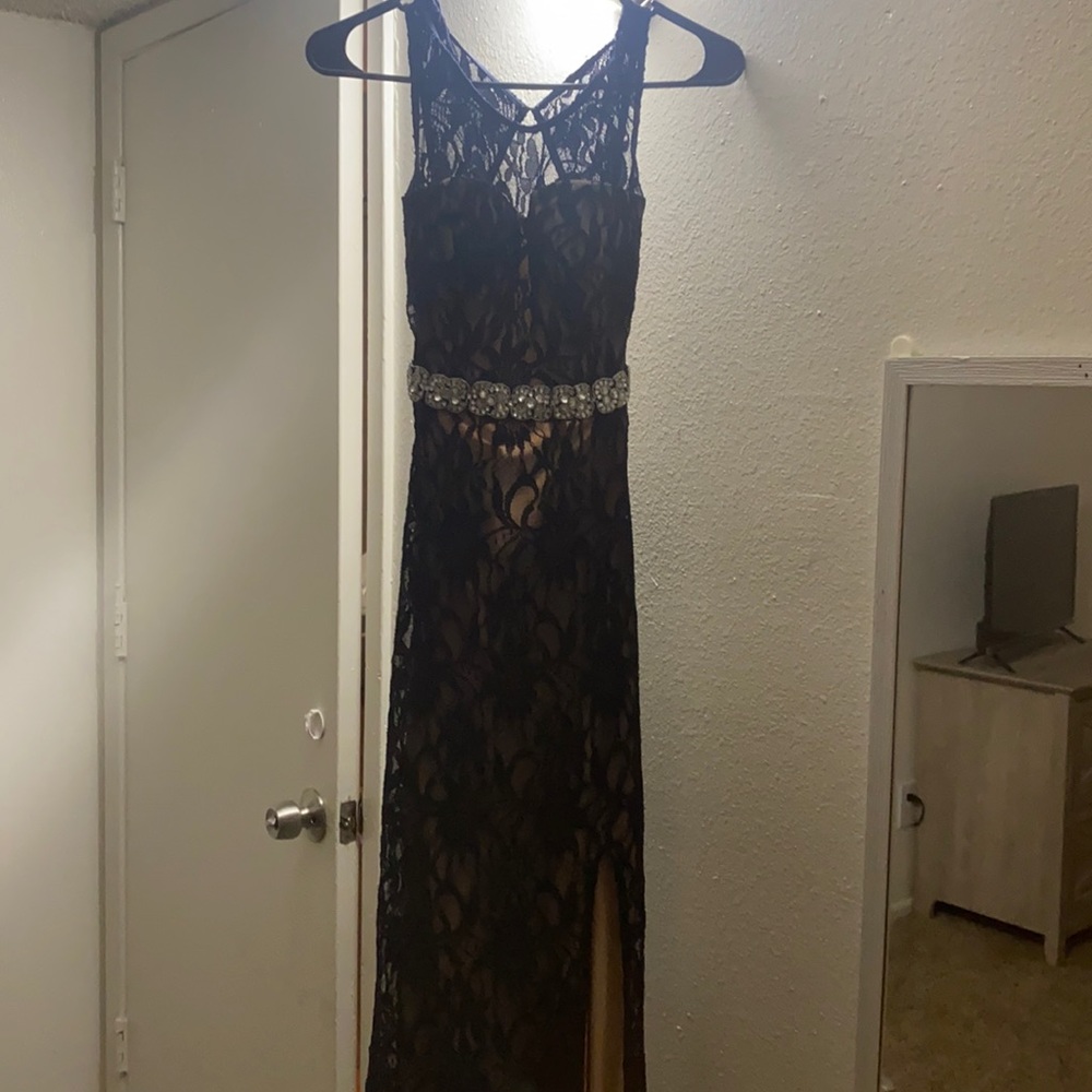 Floor length Jodi Kristopher dress, Navy Blue and Tan